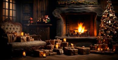 festivo Natale interno di un' Casa con un' Natale albero e nuovo anni i regali di il camino - ai generato Immagine foto