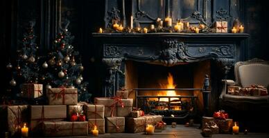 festivo Natale interno di un' Casa con un' Natale albero e nuovo anni i regali di il camino - ai generato Immagine foto