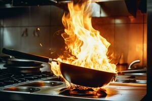 frittura padella cucina fuoco. creare ai foto