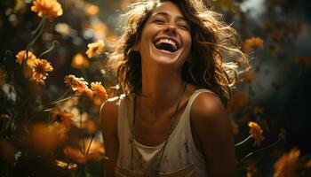 sorridente donna gode natura, spensierato e contento nel autunno foresta generato di ai foto