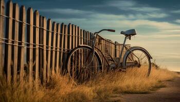 vecchio stile bicicletta su erba, tramonto si illumina tranquillo rurale paesaggio generato di ai foto