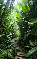 sentiero nel il giungla ambiente di verde fogliame di impianti. ai generativo foto