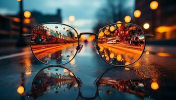 riflessione di città vita a crepuscolo, occhiali da sole illuminare il notte generato di ai foto