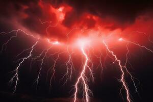 scuro, tempestoso cielo in fiamme con intenso rosso fulmine bulloni. ai generato foto