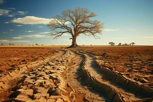 emblematico albero prospera su riarso suolo, mirroring acqua scarsità in mezzo clima modificare ai generato foto