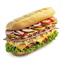 sottomarino Sandwich con prosciutto, formaggio, lattuga, pomodori, cipolla, mortadella e salsiccia isolato su bianca sfondo. ai generativo foto