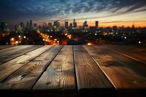 orizzonte crepuscolo sfocato notte cielo, di legno tavolo nel il mezzo di urbanità ai generato foto