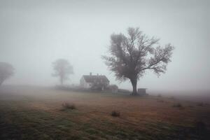 solitario nebbia crea un' travolgente contrasto contro nero. ai generato foto