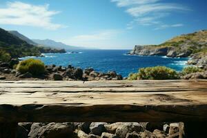 oceanico tableau di legno tavolo in cima sfocato isola e blu cielo panorama ai generato foto