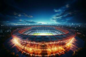 calcio stadio a notte, raffigurato nel un' superiore Visualizza 3d interpretazione ai generato foto
