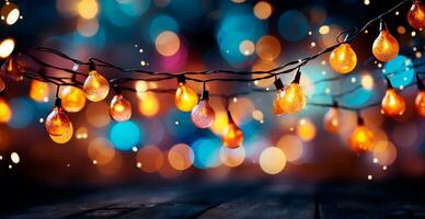 festivo luminosa colorato Natale ghirlanda su sfocato bokeh sfondo, nuovo anno bandiera - ai generato Immagine foto