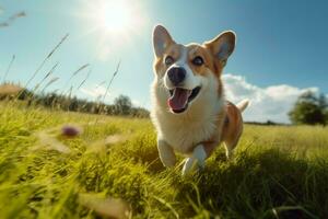 corgi corre soleggiato giorno. creare ai foto