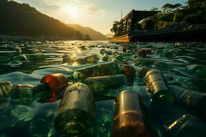 mare contaminato con plastica bottiglie, raffigurante nature degradazione e ambientale inquinamento ai generato foto