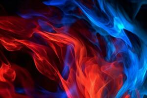 dinamico rosso e blu fiamme danza contro un' nero sfondo. ai generato foto