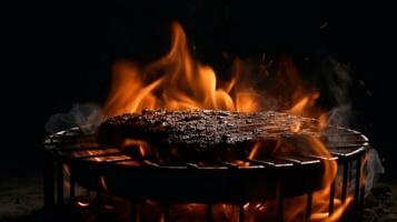 griglia inferno, nero fondale con un' sfolgorante fuoco su il barbecue. ai generato foto