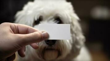 un' bianca attività commerciale carta presentata di un' uomo e il suo cane. ai generato foto
