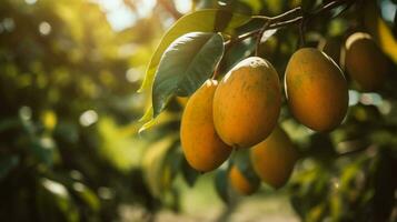 tropicale maturo giallo Mango frutta sospeso su albero ramo con bellissimo azienda agricola e luce del sole ai generato foto