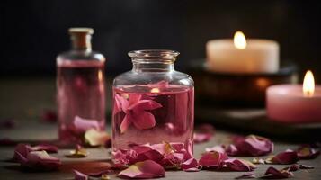 concetto di puro biologico essenziale rosa olio. elisir con pianta basato floreale rosa fiori con candela ai generato foto
