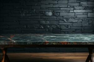 vuoto nero marmo controsoffitto tavolo contro contrastante nero parete fondale ai generato foto