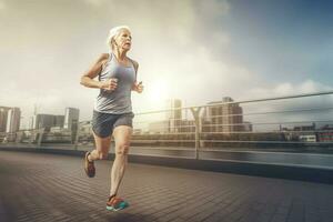 anziano donna jogging città. creare ai foto