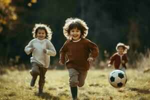 poco bambini giocando calcio nel parco. creare ai foto