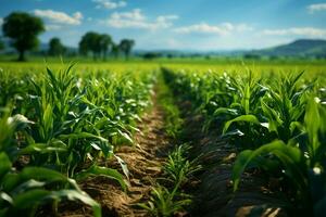 germinazione Mais Linee privato campo, lussureggiante verde righe grazia agricolo paesaggio ai generato foto
