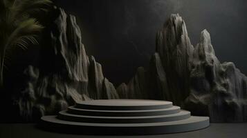 nero sabbia pietra naturale podio In piedi 3d sfondo con astratto Prodotto palcoscenico spiaggia piattaforma scena ai generato foto