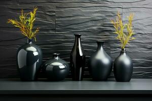 elegante nero ceramica vasi posizionato su nero marmo, bianca parete dietro a ai generato foto
