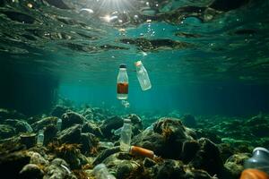 oceano rovinato di plastica bottiglie e microplastiche, sottolineando il problema di marino inquinamento ai generato foto