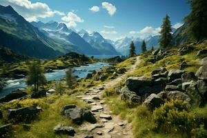 montagna paesaggio con escursioni a piedi pista e Visualizza di bellissimo laghi ai generato foto