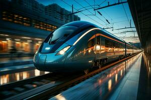 eleganza nel movimento alto velocità treno striature passato stazione, sfondo un' dinamico sfocatura ai generato foto