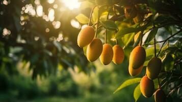 tropicale maturo giallo Mango frutta sospeso su albero ramo con bellissimo azienda agricola e luce del sole ai generato foto