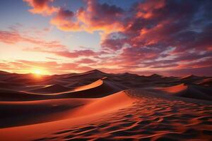 deserti tela ardente, sole tuffi sotto il dune, un' sereno sabbioso tramonto ai generato foto