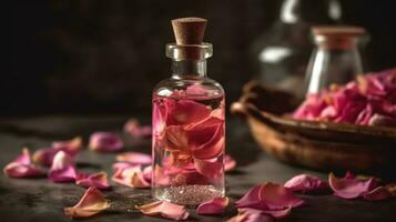 concetto di puro biologico essenziale rosa olio. elisir con pianta basato floreale rosa fiori con candela ai generato foto