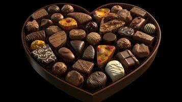 decadente delizie, a forma di cuore scatola pieno con delizioso cioccolato caramelle. ai generato foto