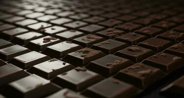 ricco buio cioccolato piastrelle, avvicinamento di delizioso bar segmenti. ai generato foto