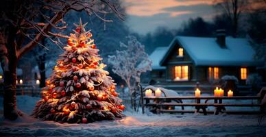 nuovo anno vacanza concetto. grande Natale albero decorato con palle e ghirlanda - ai generato Immagine foto