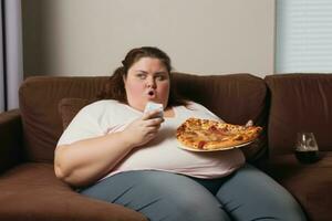 sovrappeso donna mangiare cibo. creare ai foto