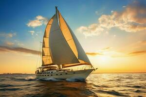lusso yacht andare in barca a tramonto. creare ai foto