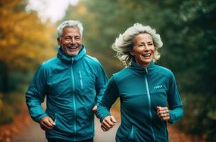 un più vecchio coppia è jogging nel un Aperto campo foto