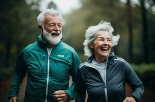 un più vecchio coppia è jogging nel un Aperto campo foto