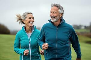 un più vecchio coppia è jogging nel un Aperto campo foto