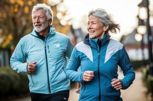 un più vecchio coppia è jogging nel un Aperto campo foto