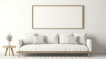 accogliente moderno vivente camera. davanti Visualizza di bianca divano nel il Casa. generativo ai foto