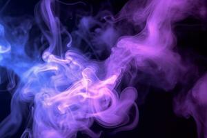 illuminato pieno di fumo buio con travolgente viola e blu proiettori. ai generato foto