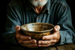 povertà personificato vecchio mans mani, vuoto ciotola, legna fondale simboleggiante miseria ai generato foto