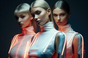 futuristico femmina Modelli nel cibernetico minimalista armadio sfondo con vuoto spazio per testo foto