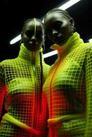 Modelli drappeggiato nel neon maglia tessuto sciopero grassetto pose nel monocromatico geometrico studi foto