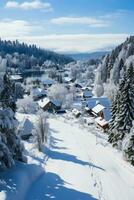 neve coperto piccolo cittadina Visualizza a partire dal alto sfondo con vuoto spazio per testo foto