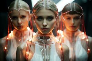 etereo Modelli vestito nel illuminato a led abbigliamento incarnando un' futuristico minimalista stile contro raggiante sfondi foto